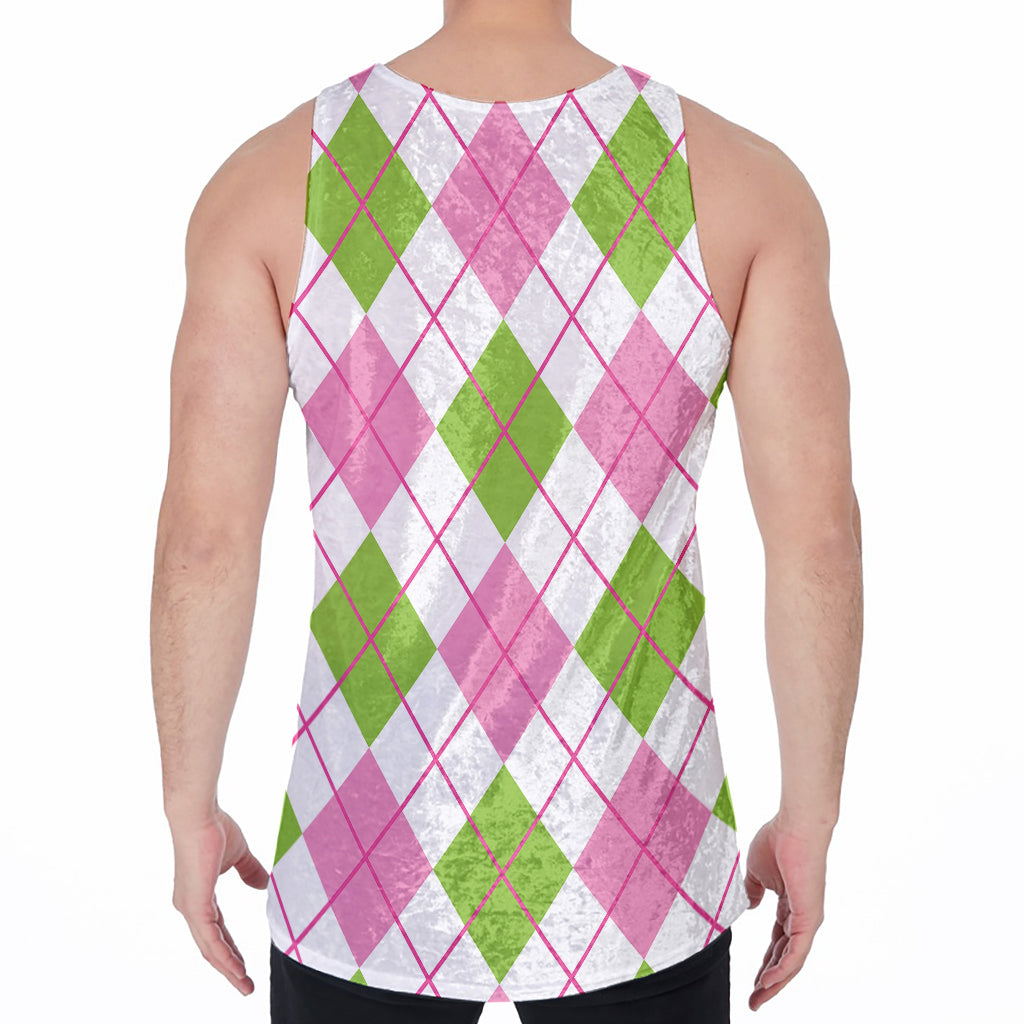 Pink Green And White Argyle Print Men's Velvet Tank Top