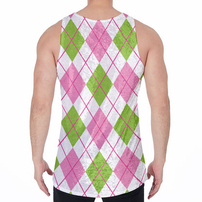 Pink Green And White Argyle Print Men's Velvet Tank Top