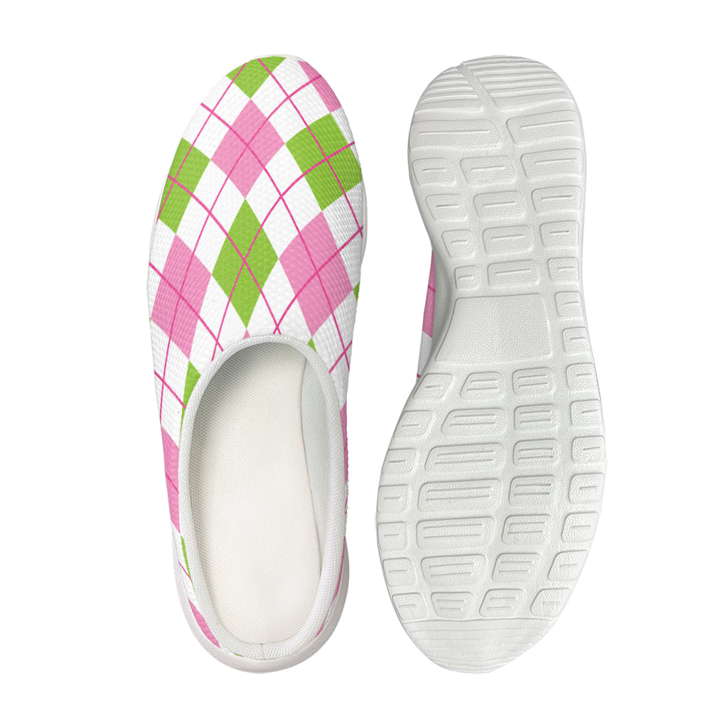 Pink Green And White Argyle Print Mesh Casual Shoes