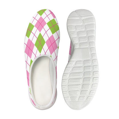 Pink Green And White Argyle Print Mesh Casual Shoes
