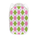 Pink Green And White Argyle Print Mesh Laundry Hamper