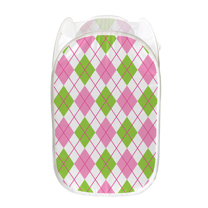 Pink Green And White Argyle Print Mesh Laundry Hamper