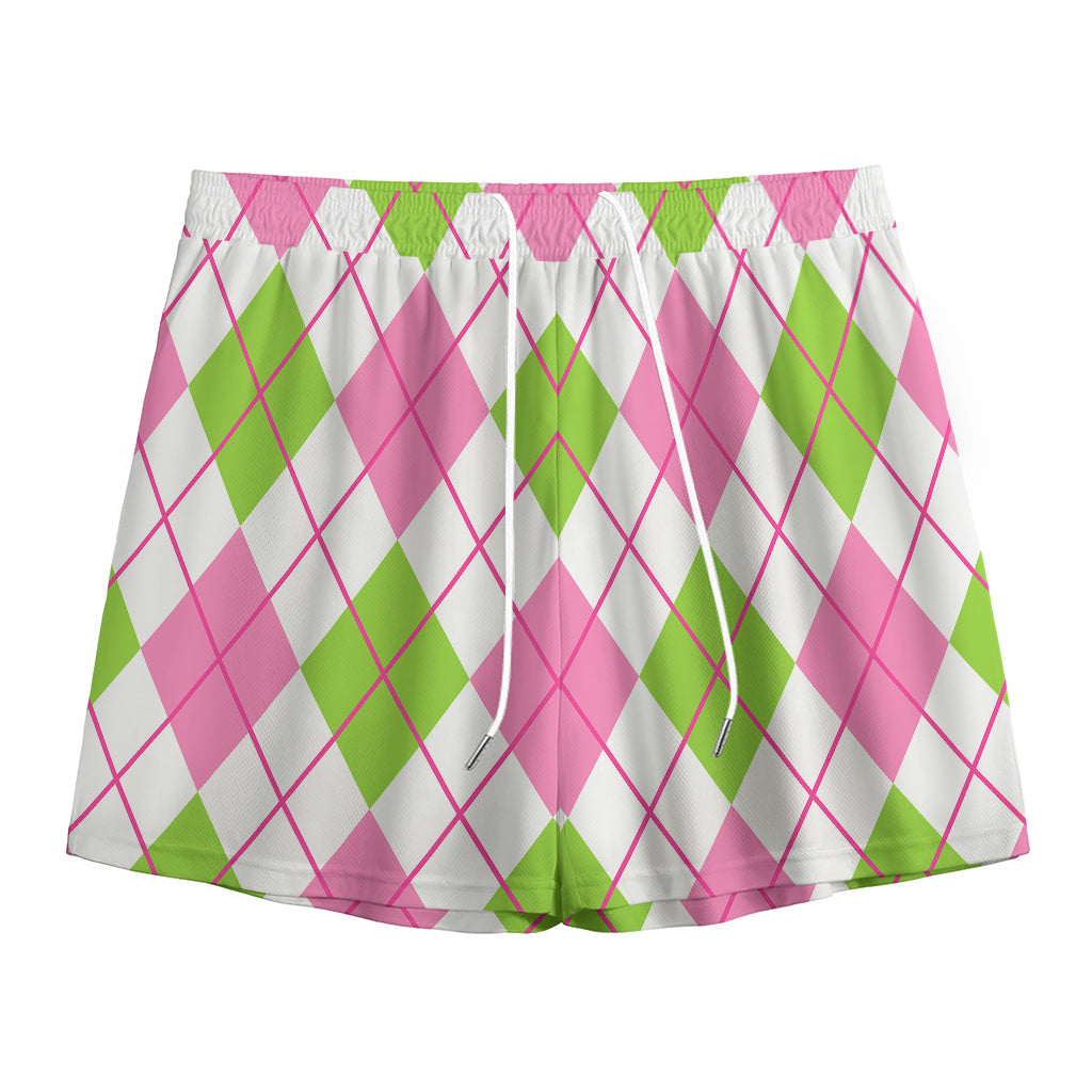 Pink Green And White Argyle Print Mesh Shorts
