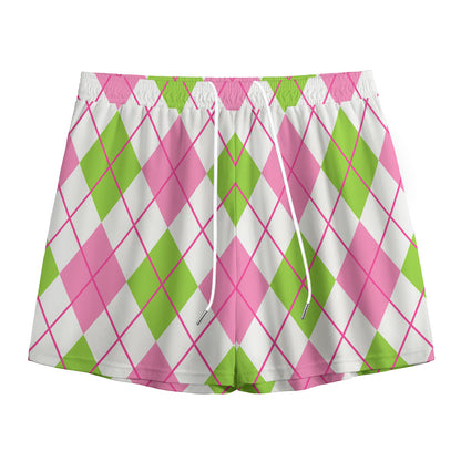 Pink Green And White Argyle Print Mesh Shorts