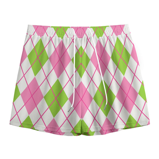 Pink Green And White Argyle Print Mesh Shorts