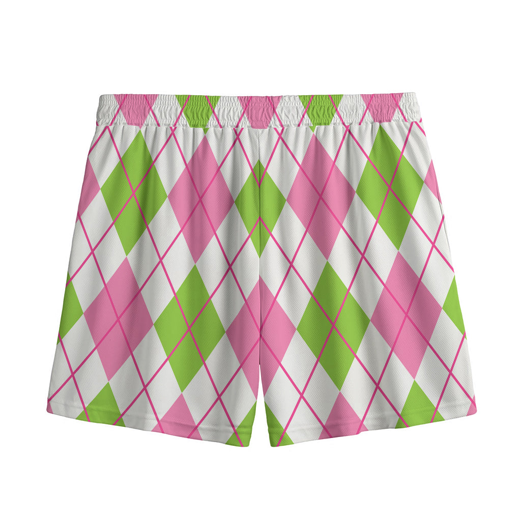Pink Green And White Argyle Print Mesh Shorts