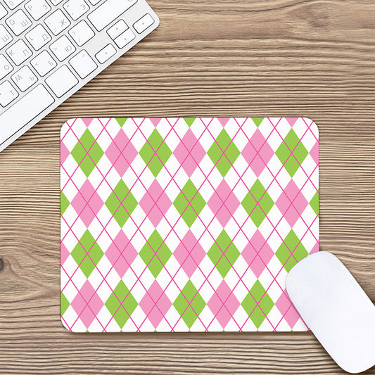 Pink Green And White Argyle Print Mouse Pad