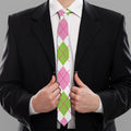 Pink Green And White Argyle Print Necktie