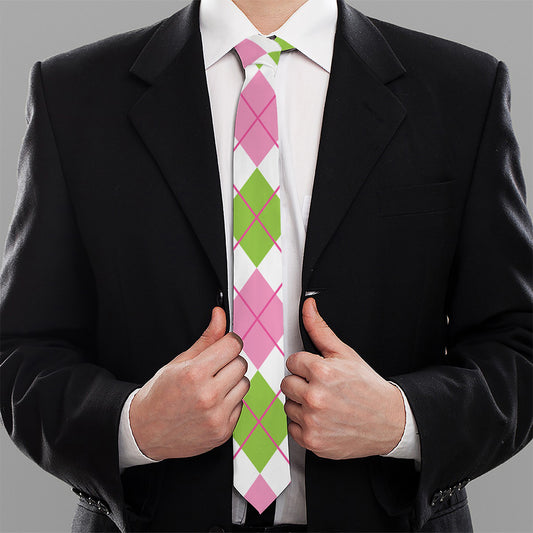 Pink Green And White Argyle Print Necktie