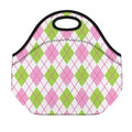 Pink Green And White Argyle Print Neoprene Lunch Bag