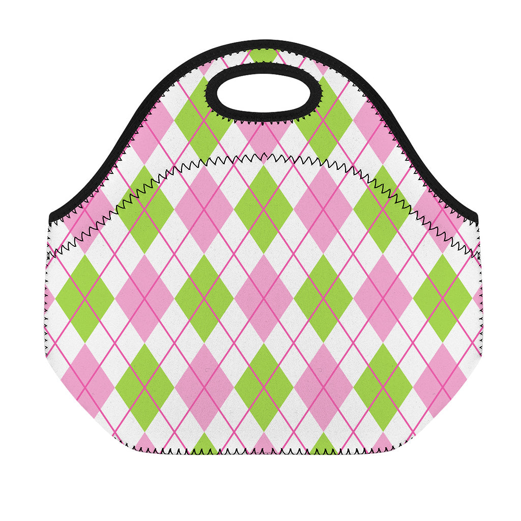 Pink Green And White Argyle Print Neoprene Lunch Bag