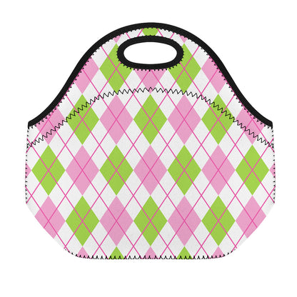 Pink Green And White Argyle Print Neoprene Lunch Bag
