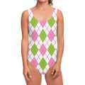 Pink Green And White Argyle Print One Piece Swimsuit