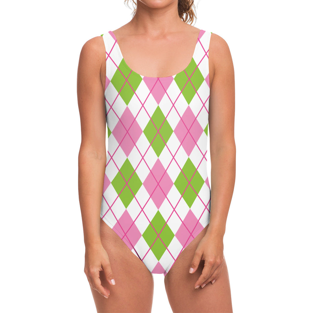 Pink Green And White Argyle Print One Piece Swimsuit