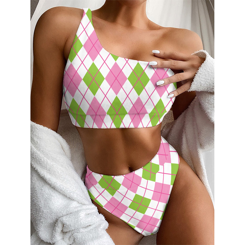 Pink Green And White Argyle Print One Shoulder Bikini Top