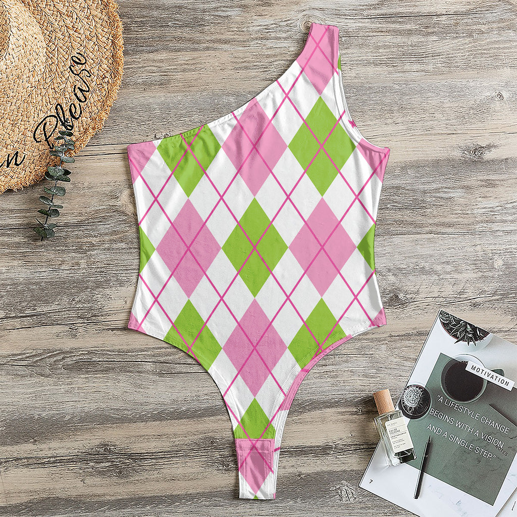 Pink Green And White Argyle Print One Shoulder Bodysuit