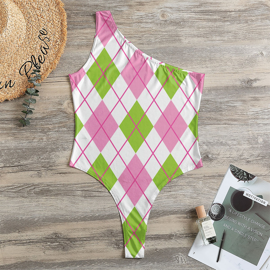 Pink Green And White Argyle Print One Shoulder Bodysuit