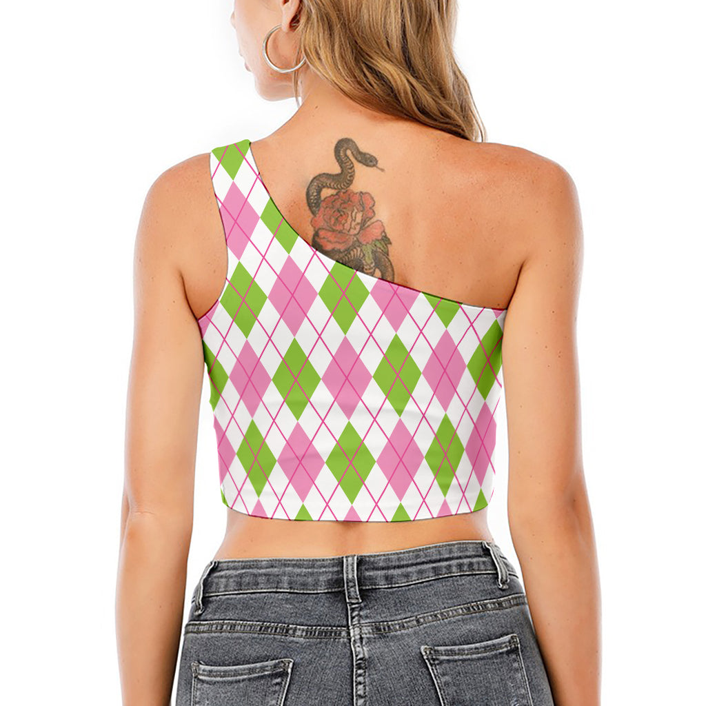 Pink Green And White Argyle Print One Shoulder Crop Top