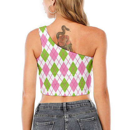 Pink Green And White Argyle Print One Shoulder Crop Top