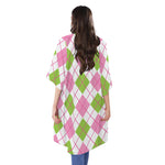 Pink Green And White Argyle Print Open Front Beach Cover Up