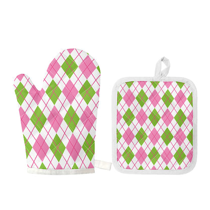 Pink Green And White Argyle Print Oven Mitt And Pot Holder Set