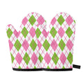 Pink Green And White Argyle Print Oven Mitts