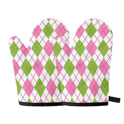 Pink Green And White Argyle Print Oven Mitts