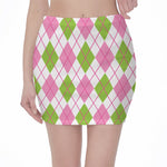 Pink Green And White Argyle Print Pencil Mini Skirt
