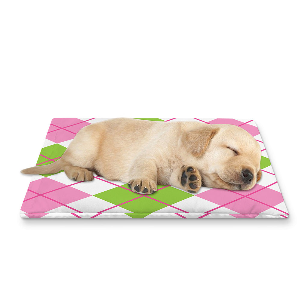 Pink Green And White Argyle Print Pet Cooling Mat Cover