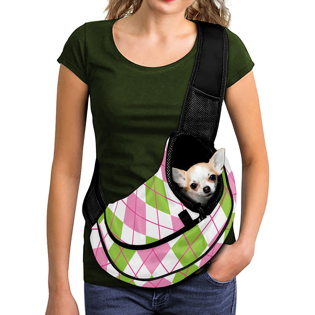 Pink Green And White Argyle Print Pet Sling Carrier