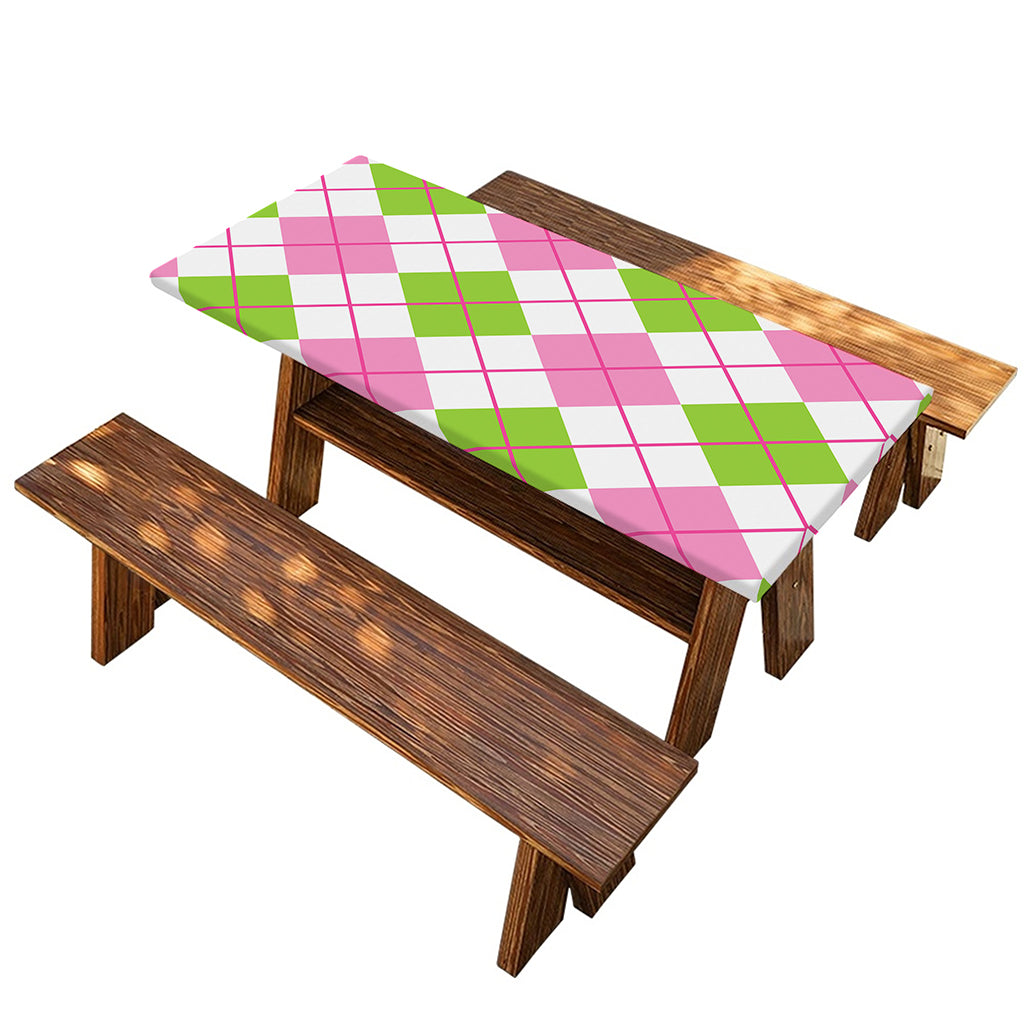 Pink Green And White Argyle Print Picnic Table Cover