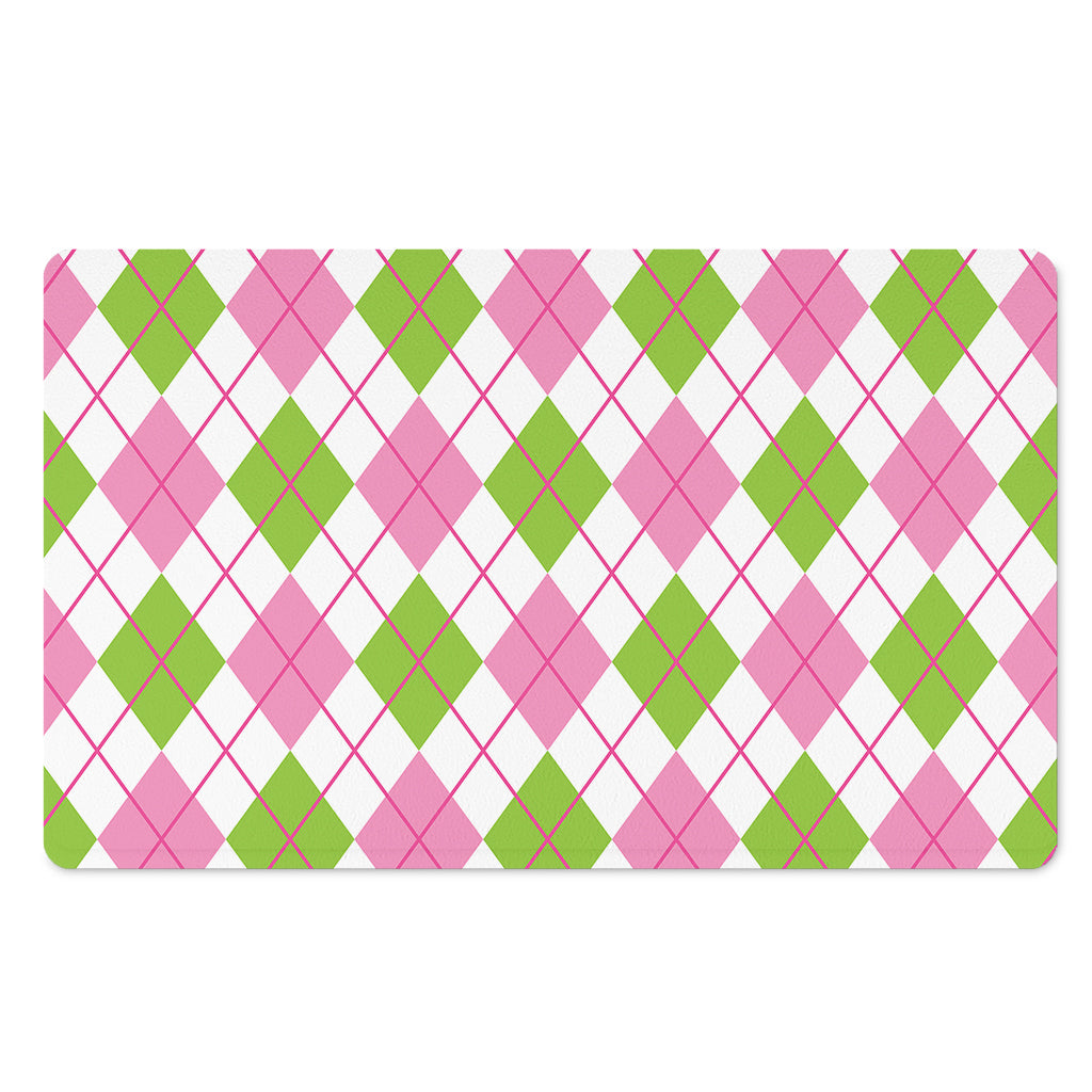 Pink Green And White Argyle Print Polyester Doormat