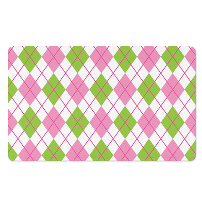 Pink Green And White Argyle Print Polyester Doormat