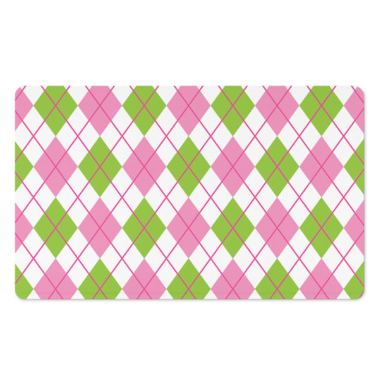 Pink Green And White Argyle Print Polyester Doormat