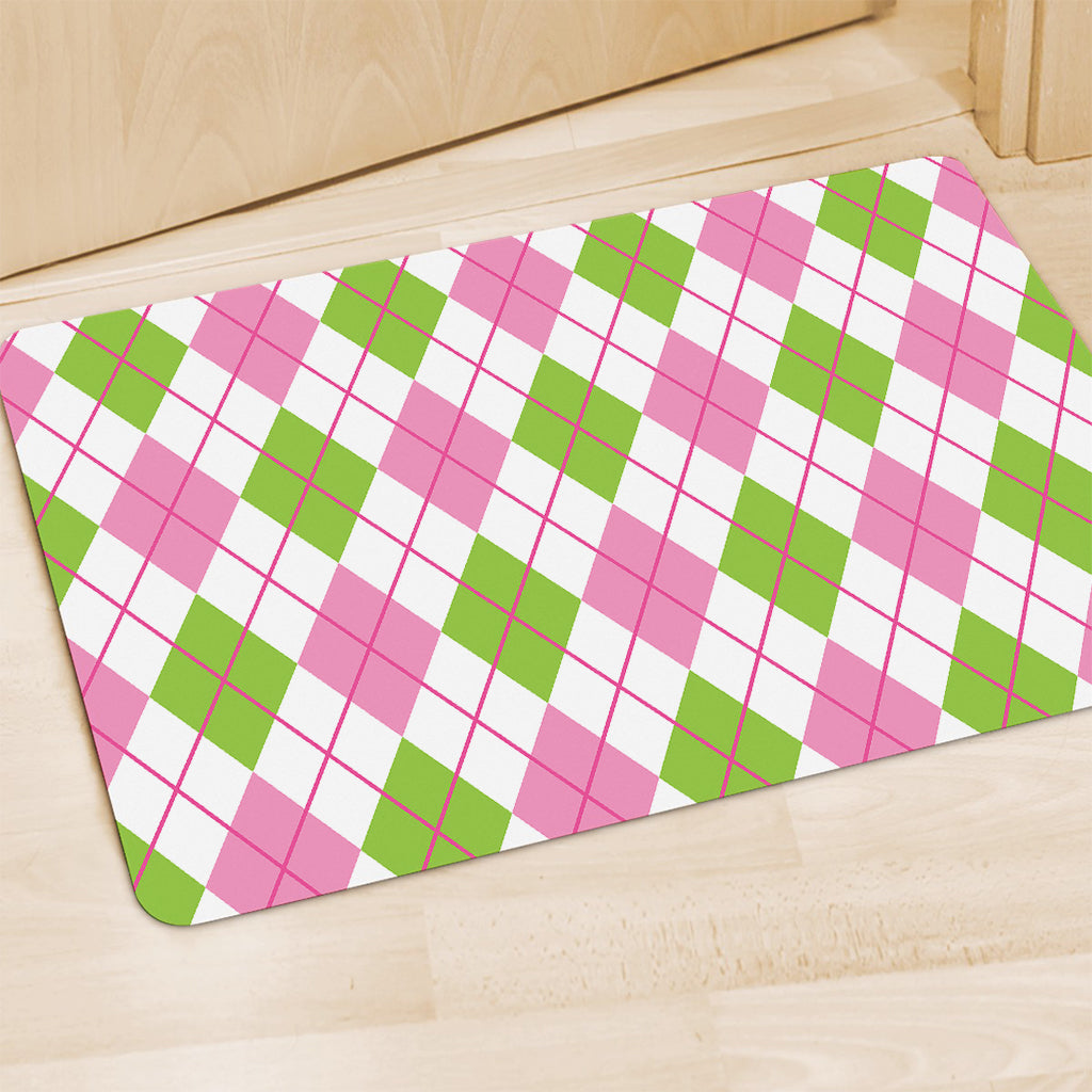 Pink Green And White Argyle Print Polyester Doormat