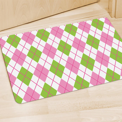 Pink Green And White Argyle Print Polyester Doormat