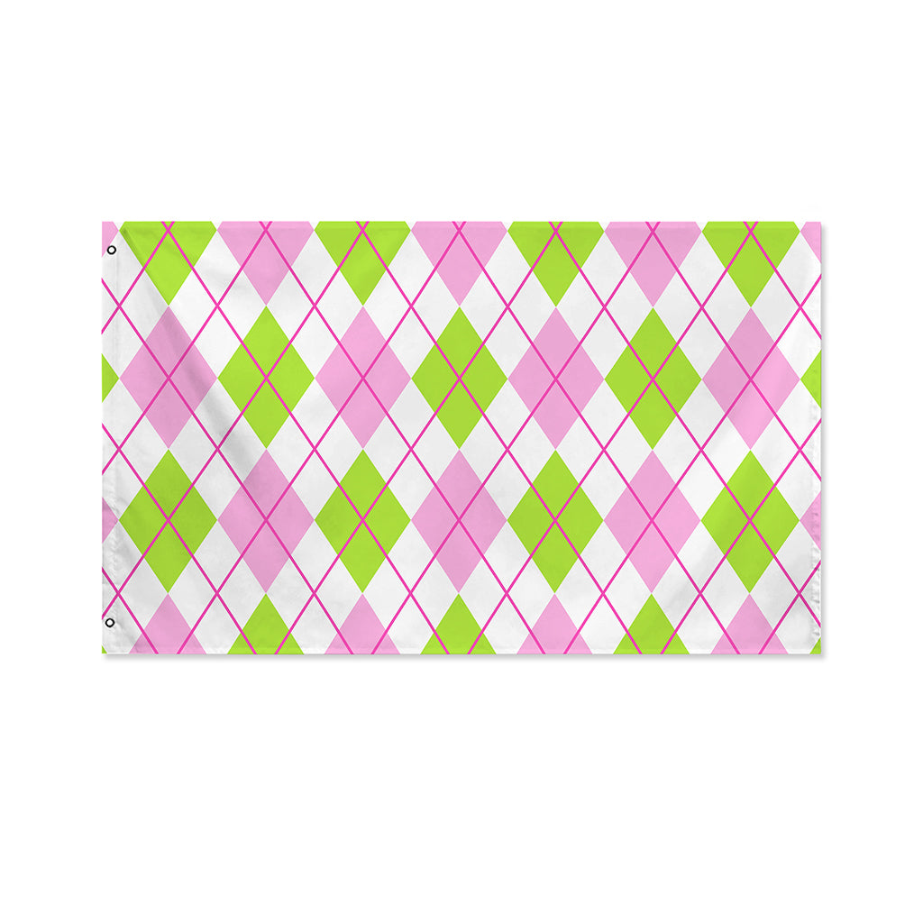 Pink Green And White Argyle Print Polyester Flag