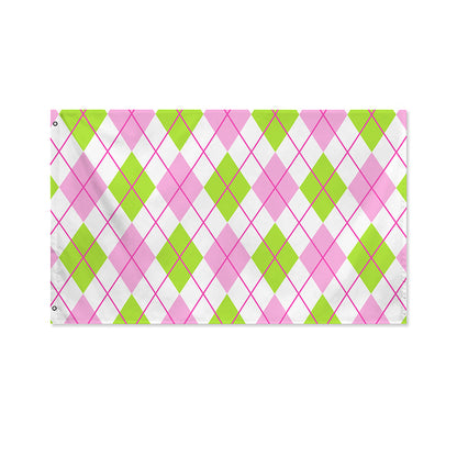 Pink Green And White Argyle Print Polyester Flag