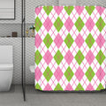 Pink Green And White Argyle Print Polyester Shower Curtain