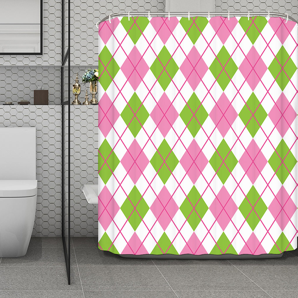 Pink Green And White Argyle Print Polyester Shower Curtain
