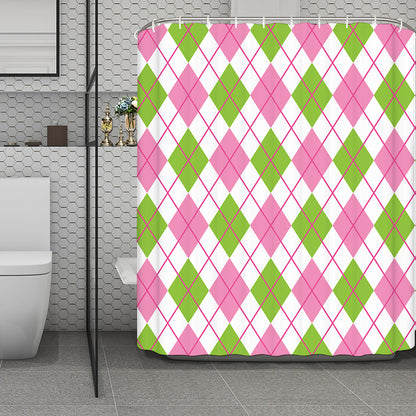 Pink Green And White Argyle Print Polyester Shower Curtain