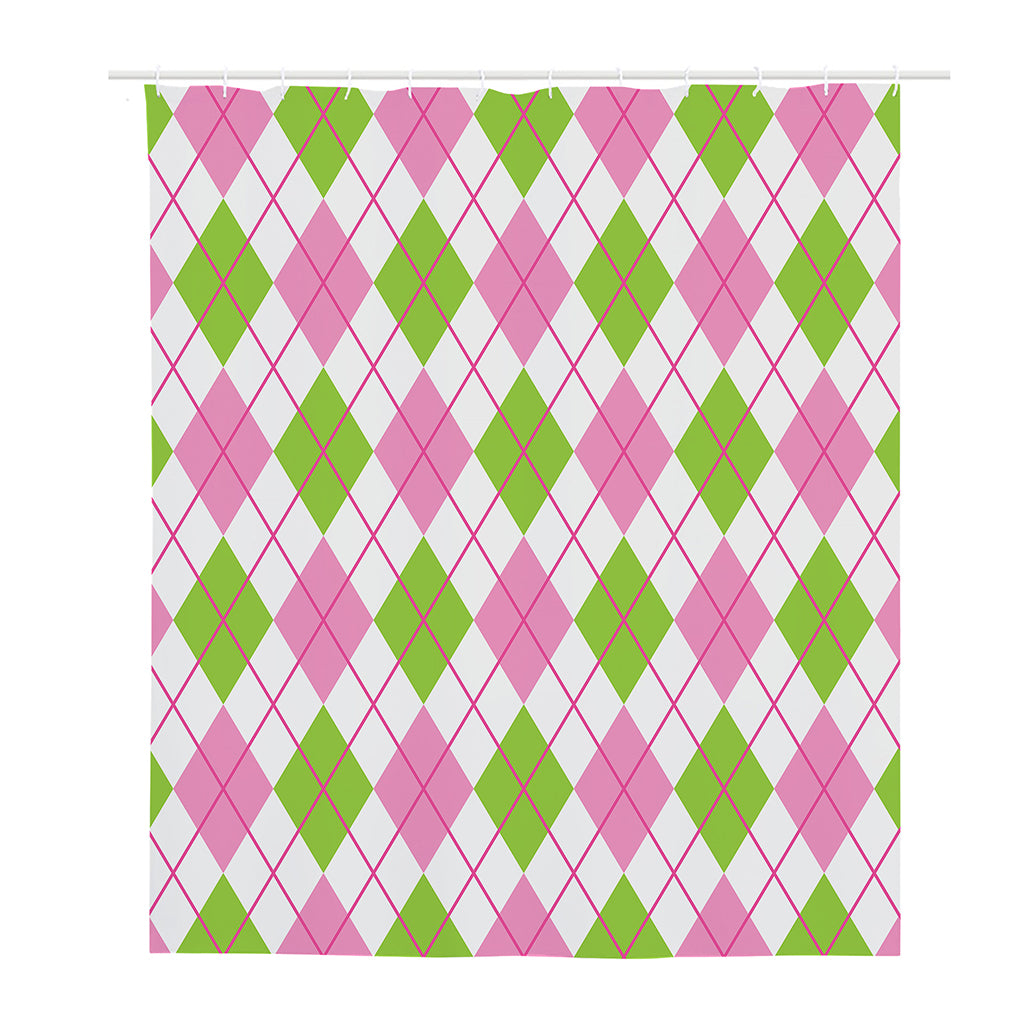 Pink Green And White Argyle Print Polyester Shower Curtain