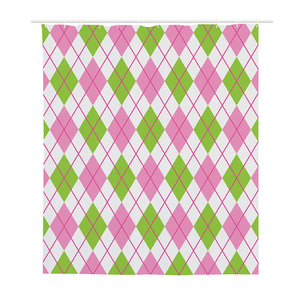 Pink Green And White Argyle Print Polyester Shower Curtain
