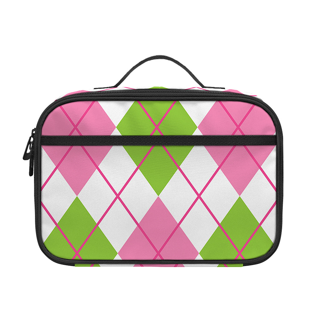 Pink Green And White Argyle Print Portable Lunch Bag