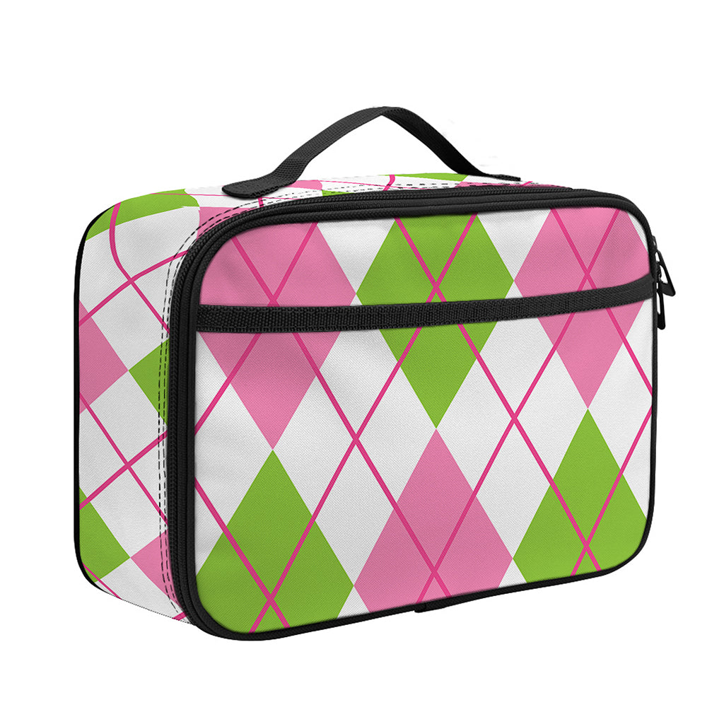 Pink Green And White Argyle Print Portable Lunch Bag