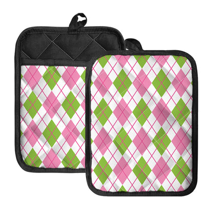 Pink Green And White Argyle Print Pot Holders With Pocket