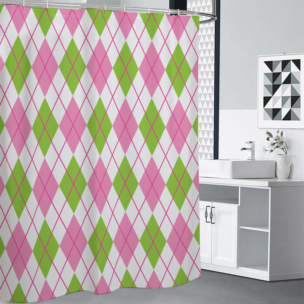 Pink Green And White Argyle Print Premium Shower Curtain