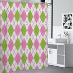 Pink Green And White Argyle Print Premium Shower Curtain