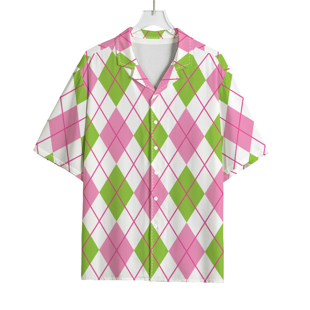 Pink Green And White Argyle Print Rayon Hawaiian Shirt