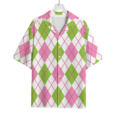 Pink Green And White Argyle Print Rayon Hawaiian Shirt